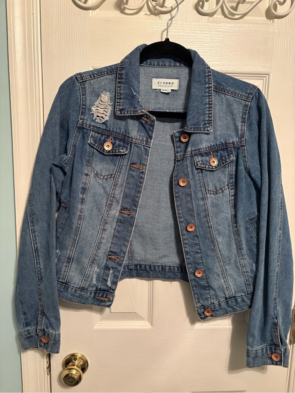 Ci Sono Denim Collection Distressed Denim Jacket.